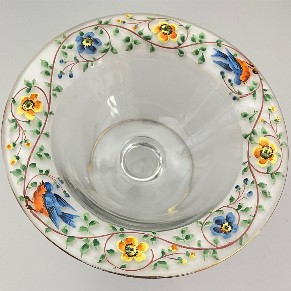 Vintage Westmorland Hand Painted Blue Bird Floral Garden Compote Pedestal Dish‎